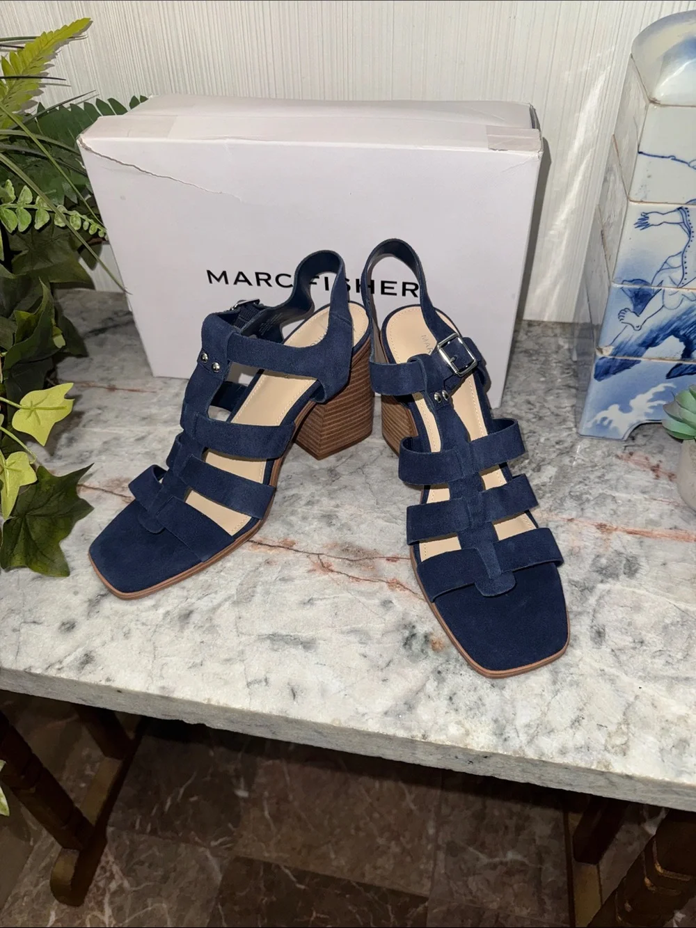 Marc Fisher Navy Suede Multi-Strap Block Heel Sandals